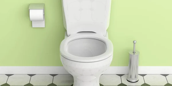 White Toilet Bowl Brush Green Wall Tiled Floor Closeup View — Stock Photo, Image