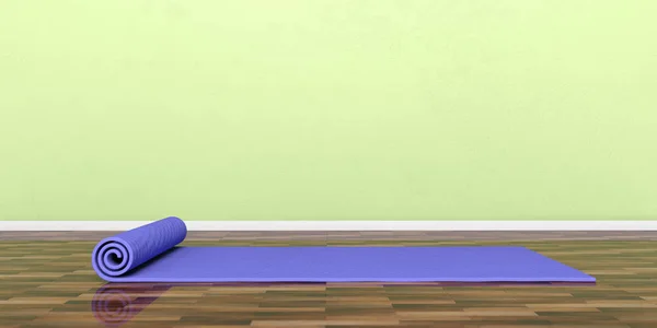 Yoga Class Equipment Exercise Mat Wooden Floor Green Wall Background — Stock Photo, Image