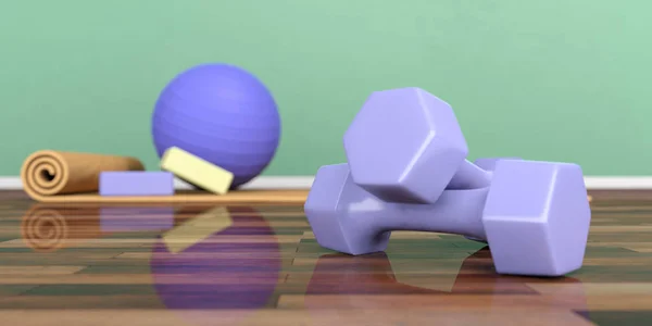 Dumbbells Primer Plano Suelo Madera Equipos Clase Pilates Borrosa Ilustración — Foto de Stock