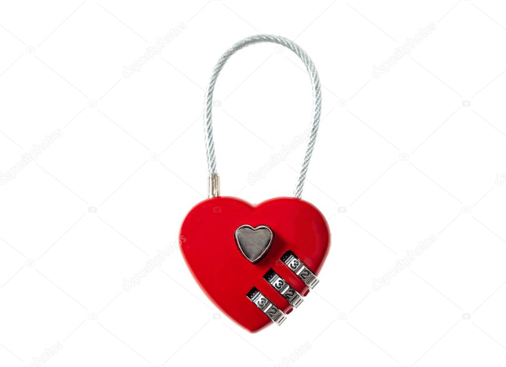 Love locked concept. Red heart padlock cut out and isolated on white background