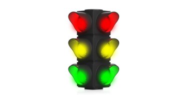 Trafik ışıkları yeşil, sarı, beyaz arka plan üzerinde izole kırmızı. 3D çizim