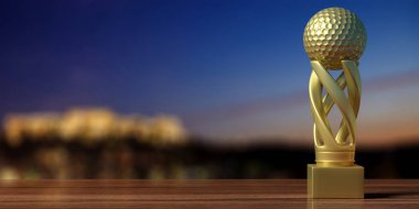 Golf Kupası. Ahşap bir masa üzerinde altın kupa golf, arka plan bulanıklık, uzay kopyalayın. 3D çizim
