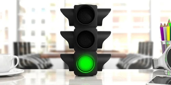 Conceito Negócio Luz Verde Sinal Trânsito Sinal Verde Secretária Fundo — Fotografia de Stock