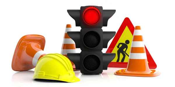 正在进行的工作 在白色背景上隔离的道路施工标志 红色交通灯 坚硬帽子和交通锥体 — 图库照片