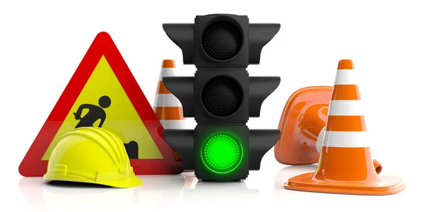 Work in progress. Road constuction signs isolated on white background. Green traffic light, road sign, hard hat and traffic cones, 3d illustration