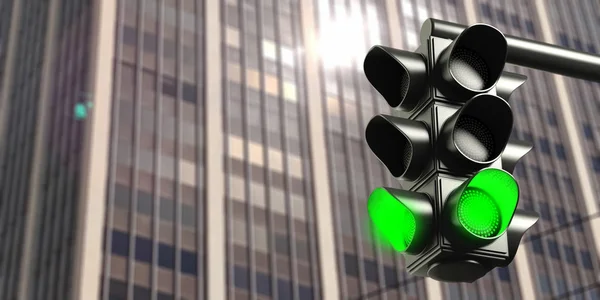 Világoszöld Koncepció Közlekedési Lámpa Zöld Megy Jel Üzleti Irodaház Háttér — Stock Fotó