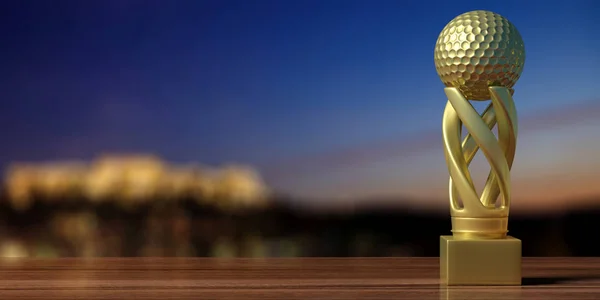 Golf cup. Golf golden trophy on a wooden table, blur background, copy space. 3d illustration