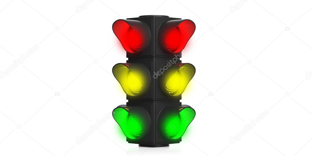 Traffic lights green, yellow, red isolated on white background. 3d illustration