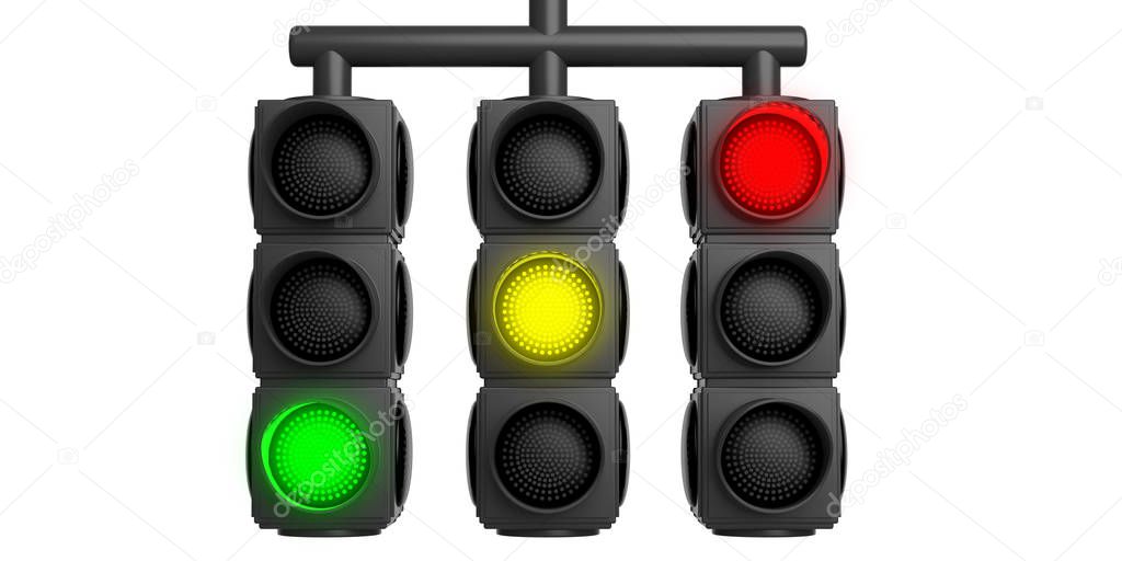 Traffic lights green, yellow, red isolated cut out on white background. 3d illustration
