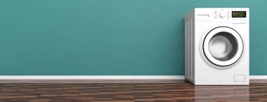 Giysi Çamaşırhane. Yıkama, kurutma makinesi ahşap zemin, yeşil duvar arka plan, kopya alanı, çekme banner. 3D çizim