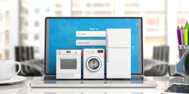 Ev aletleri online alışveriş. Bir bilgisayar klavyesinde ayarla aletleri office arka plan bulanıklık. 3D çizim