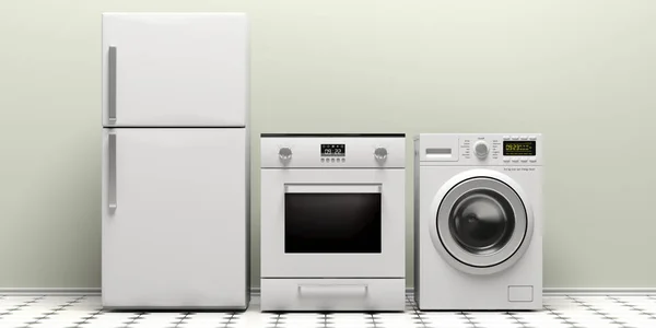 Weiße Haushaltsgeräte Auf Weißem Fliesenboden Mit Schwarzen Details Illustration — Stockfoto