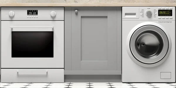 厨房橱柜 电热烤箱和洗衣机在瓷砖地板上 特写视图 — 图库照片