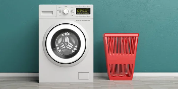 Clothes laundry. Washing, dryer machine and red laundry basket on wooden floor, green wall background. 3d illustration