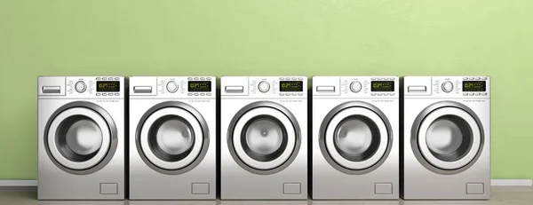 Laundromat. Clothes washing, dryer machines on wooden floor, green wall background, banner. 3d illustration