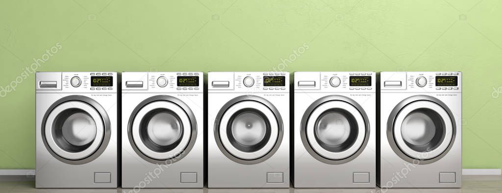 Laundromat. Clothes washing, dryer machines on wooden floor, green wall background, banner. 3d illustration