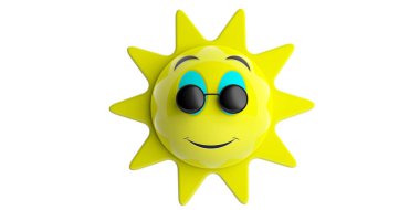 Yaz konsepti. Emoji güneş sarı siyah yuvarlak güneş gülümsüyor, kesme, beyaz bir arka plan üzerinde izole. 3D çizim.
