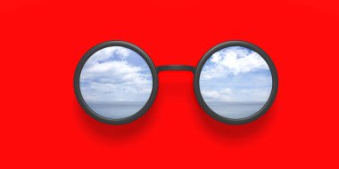 Güneş gözlüğü lens, kırmızı bir arka plan üzerinde 3d illüstrasyon izole üzerinde yansıtılmış deniz manzaralı metalik siyah yuvarlak.