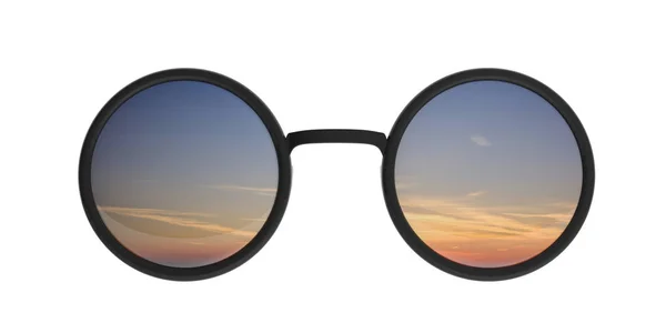 Zachód Wschód Słońca Koncepcja Okulary Przeciwsłoneczne Okrągłe Metalowe Czarne Wschody — Zdjęcie stockowe