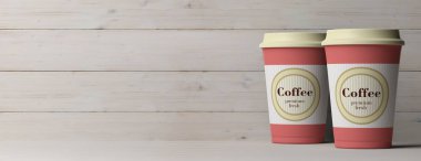 Kahve kavramı. Ahşap arka plan, kopya alanı, afiş, 3d illüstrasyon izole kahve fincanı 2, bir kapak ile.