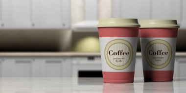 Kahve kavramı. Kahve fincanları portakal, 2, arka planda bir bulanık mutfak, ahşap bir sayaç üzerinde bir kapak ile uzay, 3d resim kopyalamak.