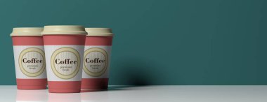 Kahve kavramı. Kahve bardağı Portakal, 3, bir yeşil duvar arka plan, afiş, kopya alanı, bir kapak ile 3d çizim.