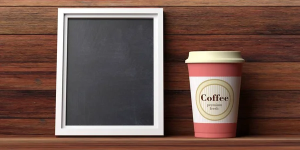 Coffee Konzept Kaffeetasse Orange Mit Deckel Und Leerer Tafel Auf — Stockfoto