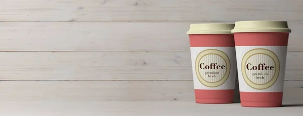 Coffee to go concept. Coffee cups 2, with a lid, isolated on wooden background, copy space, banner, 3d illustration.