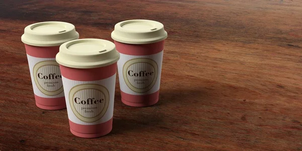 Kahve kavramı. Ahşap arka plan üzerinde kopya alanı, 3d illüstrasyon izole kahve fincanı 3, bir kapak ile.