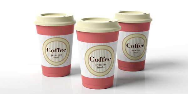 Coffee cups 3, with a lid, isolated on a white background, 3d illustration.