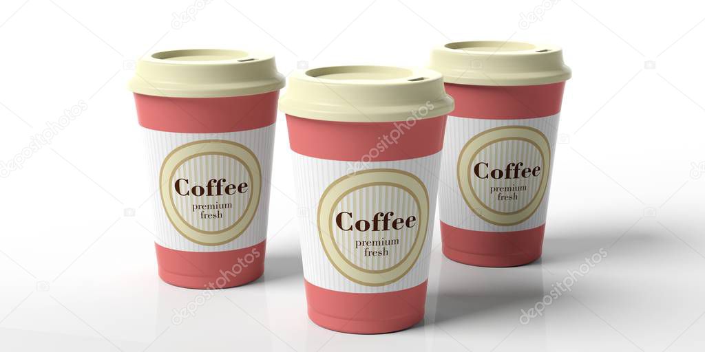 Coffee cups 3, with a lid, isolated on a white background, 3d illustration.