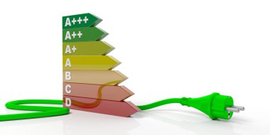 Enerji verimliliği grafik ve yeşil elektrik güç izole üzerinde beyaz arka plan takın. 3D çizim