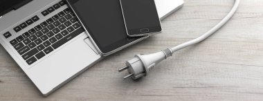Elektronik cihazlar kavramı şarj. Bilgisayar, dizüstü bilgisayar, akıllı telefon ve ahşap arka plan üzerinde fiş güç afiş. 3D çizim