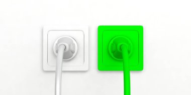 Yeşil enerji kavramı. Elektrik enerjisi prizler ve Soketler beyaz arka plan üzerinde izole. 3D çizim