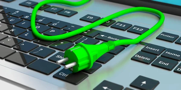 Green energy. Electric power plug on computer laptop. 3d illustration