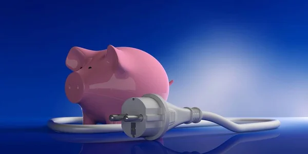 Energy cost savings. Power plug and piggy bank isolated on blue background. 3d illustration