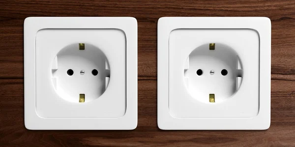 Two White Electric Power Sockets Isolated Wooden Background Front View — Stock Photo, Image