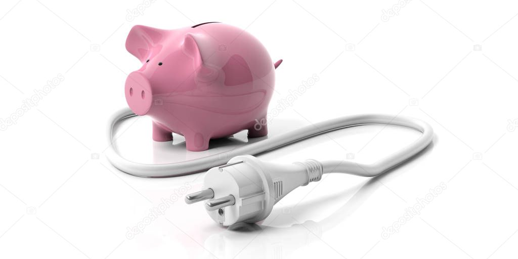 Energy cost savings. Power plug and piggy bank isolated on white background. 3d illustration
