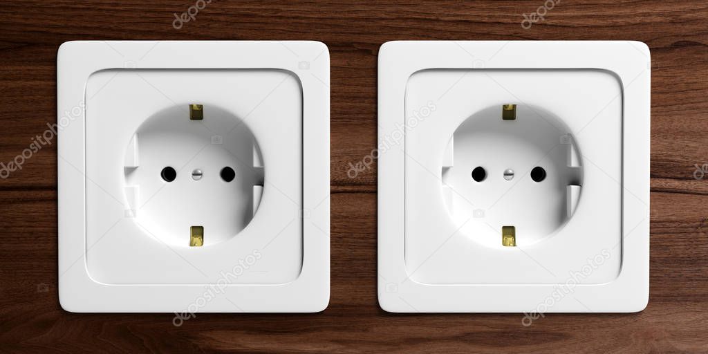 Two white electric power sockets isolated on wooden background, front view. 3d illustration