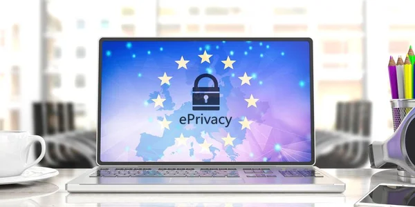 e privacy European regulation on a computer screen, blur office business background. 3d illustration