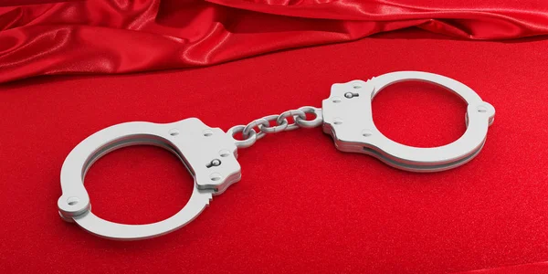 Erotic Games Metal Handcuffs Isolated Red Satin Background Illustration — Stock Photo, Image