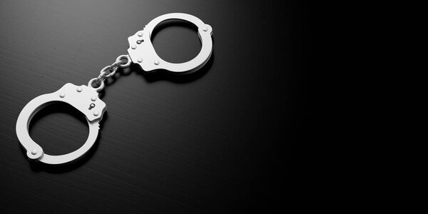 Metal police handcuffs isolated on black background, copy space, 3d illustration