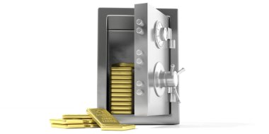 Servet emniyet konsepti. Emanet Kasa beyaz bir arka plan üzerinde izole külçe altının ile. 3D çizim.