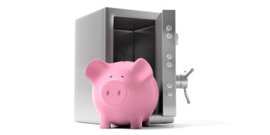 Tasarruf kavramı. Kumbara açık beyaz bir arka plan üzerinde izole kapı ile bir emanet kasasında. 3D çizim.