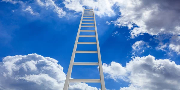 Stairway to heaven. Metal ladder on blue sky with clouds background. 3d illustration