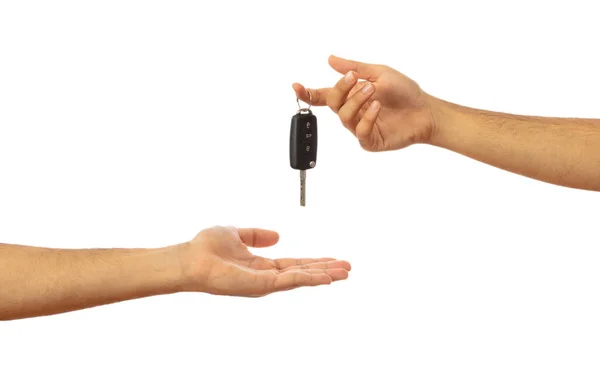 Παραδώσει Κλειδί Του Αυτοκινήτου Αρσενικό Χέρια Που Απομονώνονται Λευκό Φόντο — Φωτογραφία Αρχείου