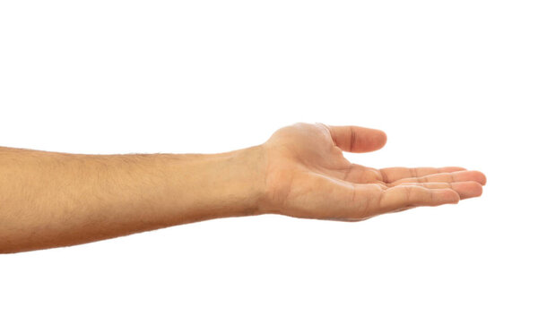 Male hand palm empty isolated on white background, clipping path