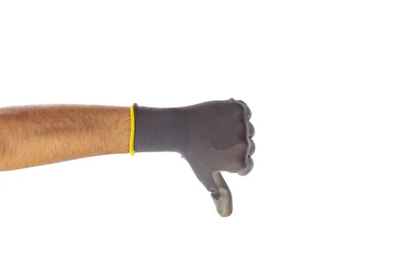拇指向下手势 拒绝标志 戴手套的手 隔离在白色背景 修剪路径 — 图库照片