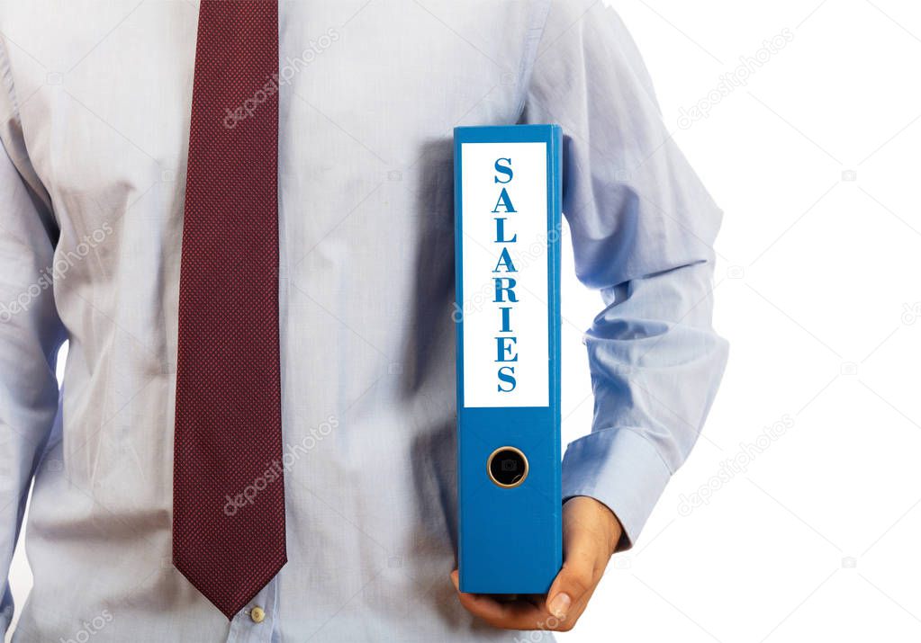 Business salaries. Manager holding a binder folder on white background, text salaries, clipping path