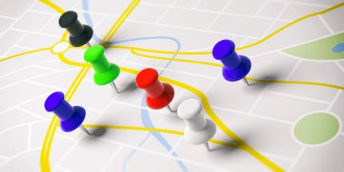 İş planlama çizelgeleme rota kavramı. Harita arka plan üzerinde renkli itme pimleri. 3D çizim.